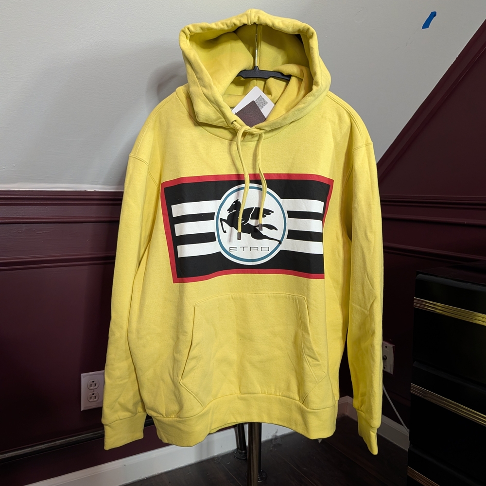 Etro NEW Yellow Pegasus Logo Hoodie with Graphic Logo Vintage Gas Station Small
